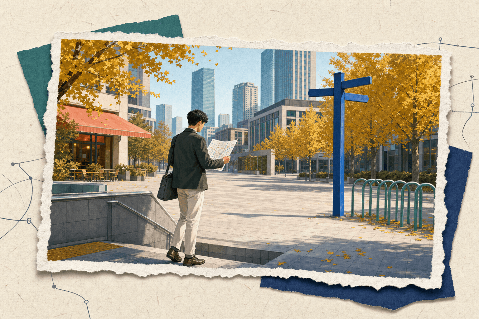 秋日新城市里查看通勤路线的年轻职场人