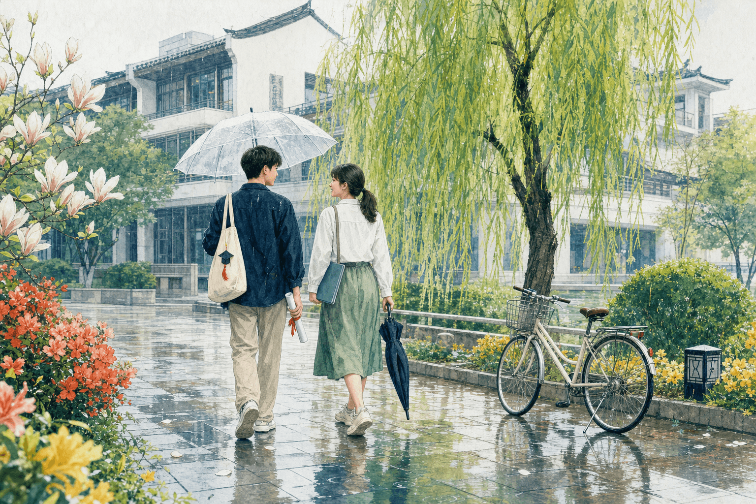 春雨校园里并肩走向毕业的两位年轻人