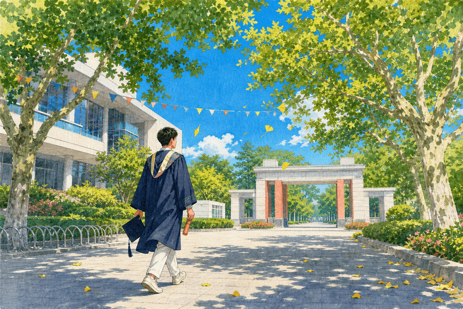盛夏校园里走向校门的毕业生