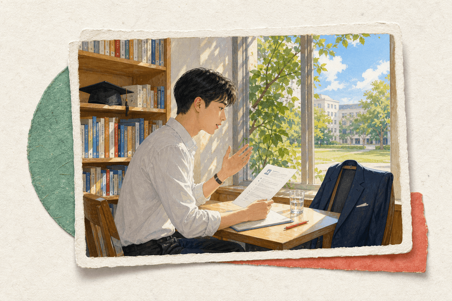 盛夏校园图书馆里准备面试的毕业生