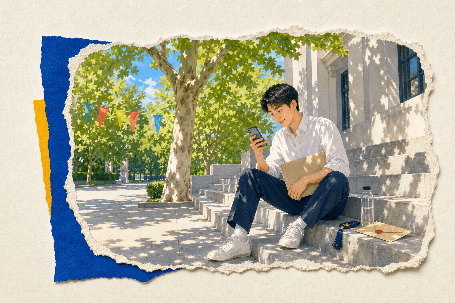 盛夏校园台阶上收到面试邀请的毕业生