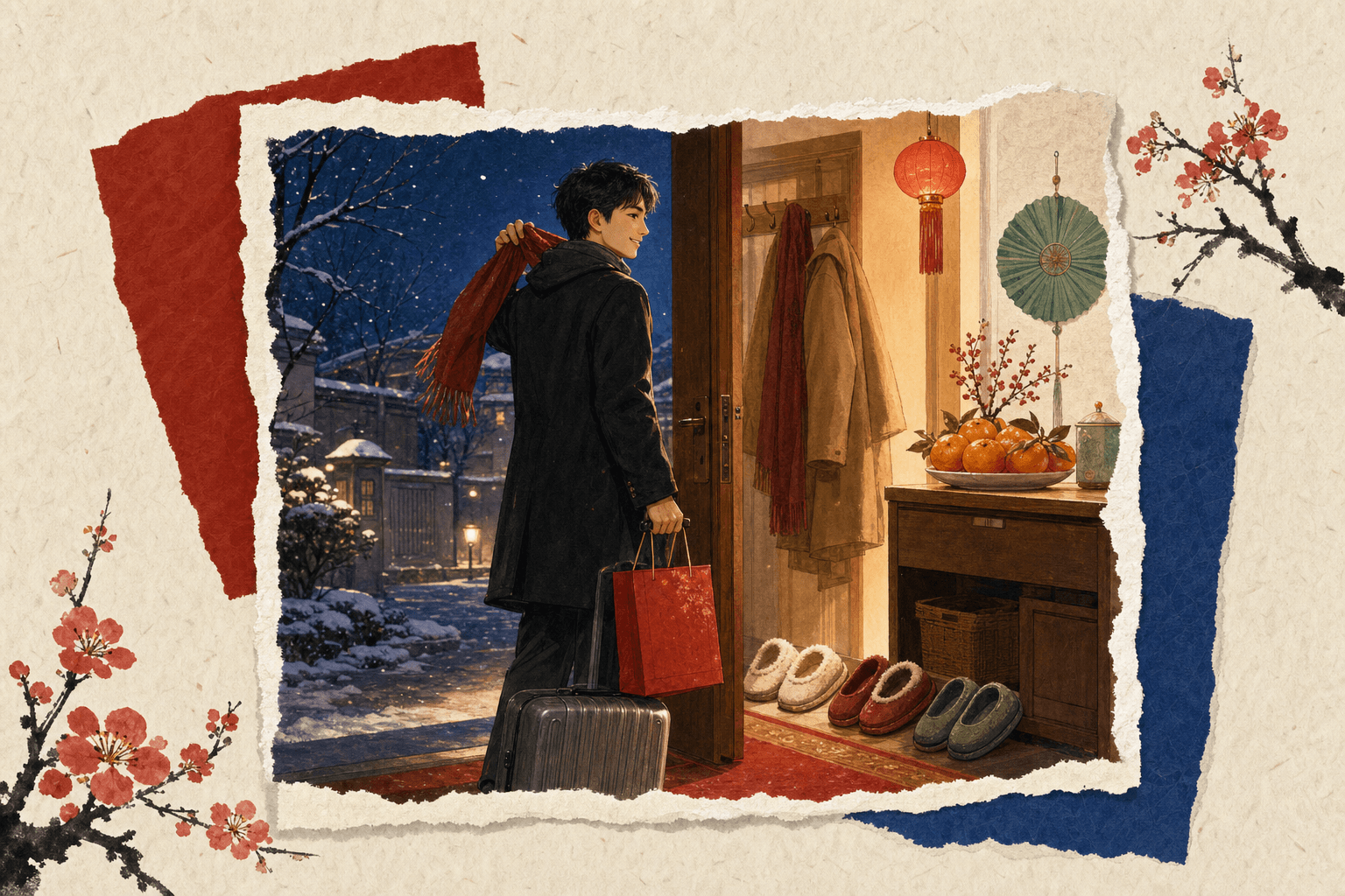 春节雪夜拖着行李回家的年轻人