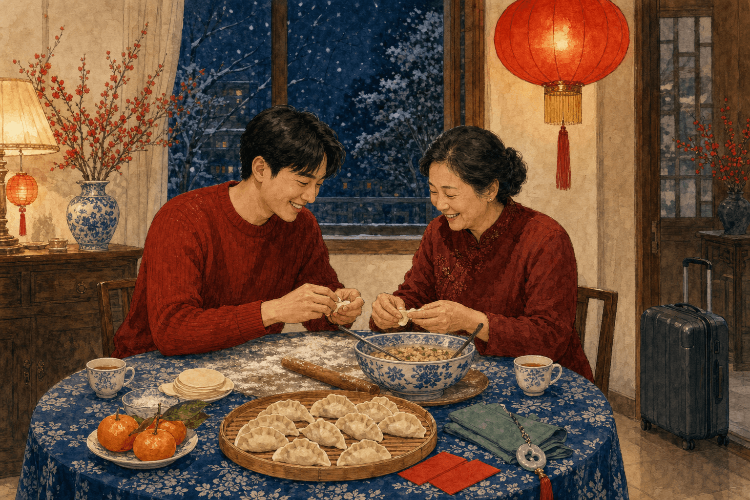 春节家中一起包饺子的返乡青年与家人